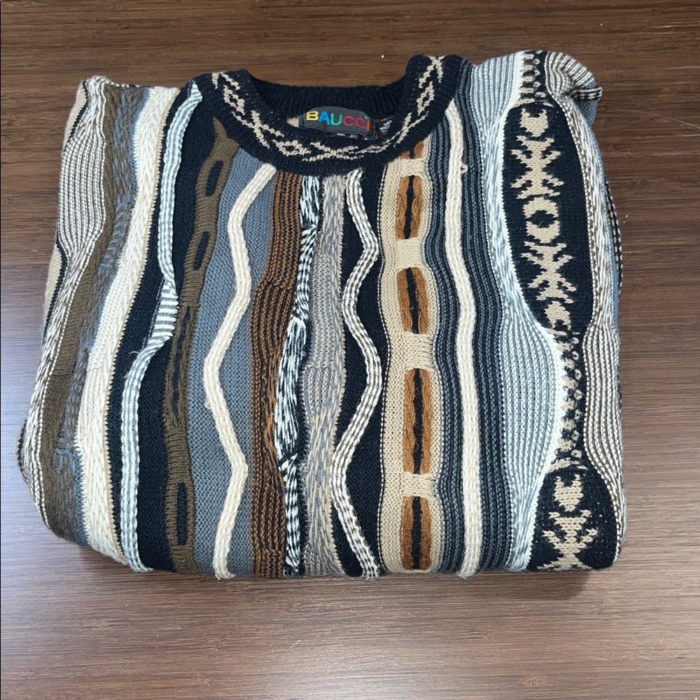 VINTAGE Baucci Sweater Brown Tan Cream Mens XL Textured 90s Y2K Biggie Cosby - Picture 6 of 8
